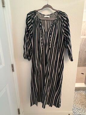 LAKE Dark Green & White Striped Maxi Dress Caftan with Pockets